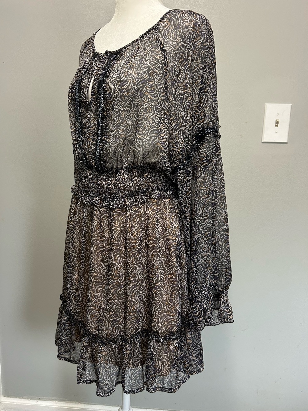 Endless Blu Sheer Boho Mini Dress Leaf Print Beaded Ruffle Black Cream - Picture 4 of 9